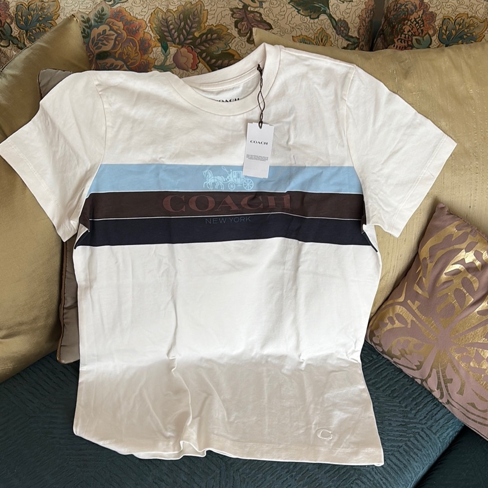 Coach:  White, brown and Blue Striped Short Sleeve Tee